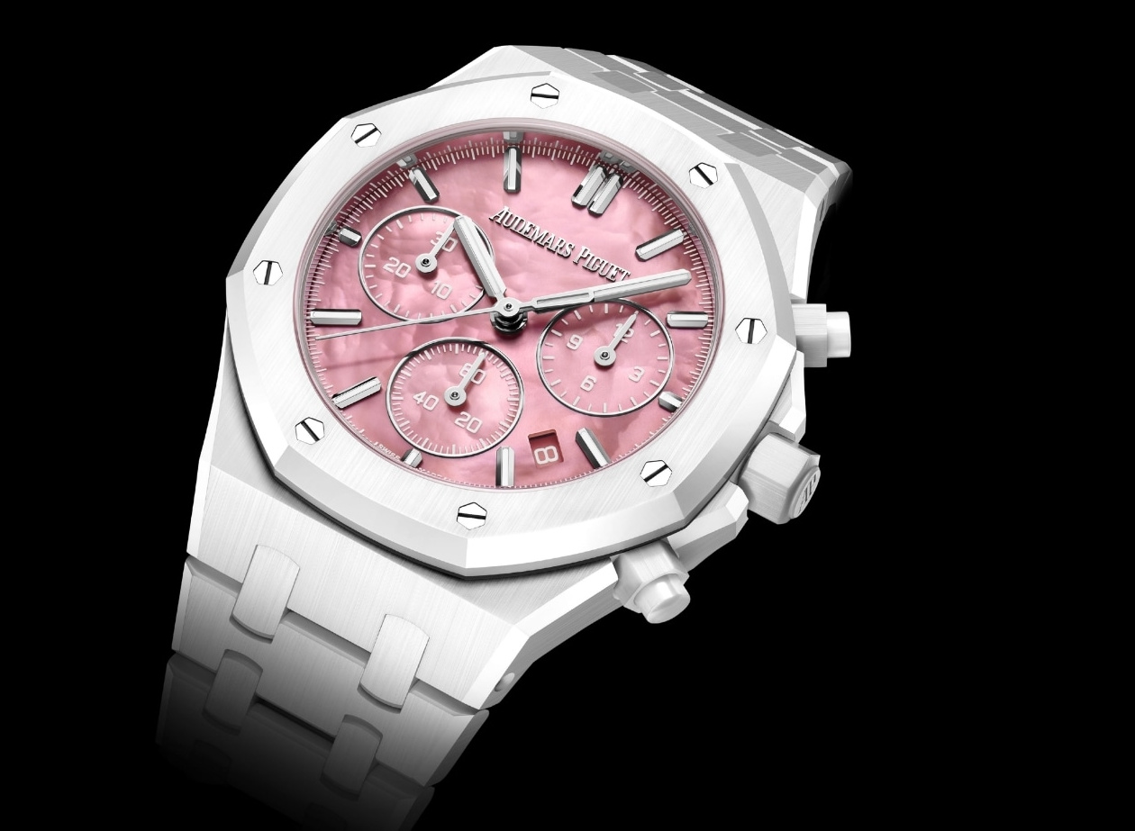 Close-up of the Serena Williams Audemars Piguet Royal Oak Selfwinding Chronograph in white ceramic with a pink mother-of-pearl dial