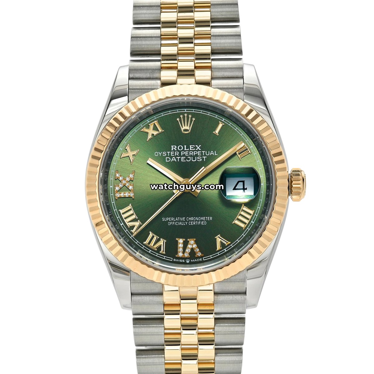 Rolex Datejust 36 reference 126233 in steel and yellow gold with a green sunburst dial. Image via WatchGuys.