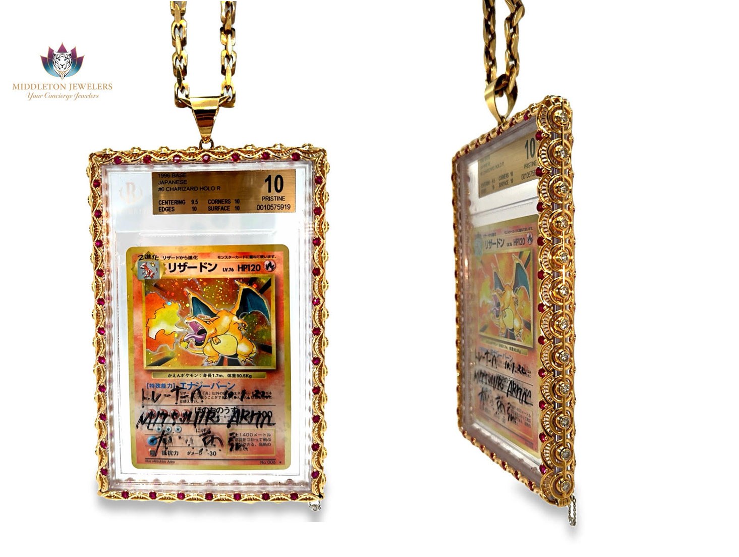 Front and side views of the gold Grail Frame pendant holding a graded 1996 Japanese Charizard holo card, edged with red rubies and white diamonds on a gold chain.