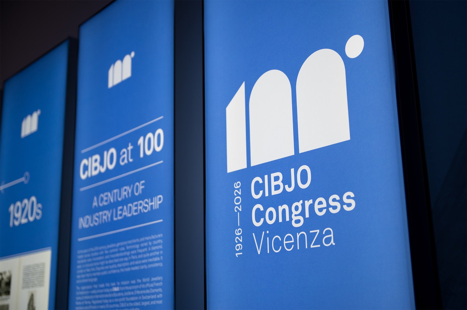 Banners for the CIBJO Congress 2026 in Vicenza, Italy, reading "CIBJO at 100, a century of industry leadership."