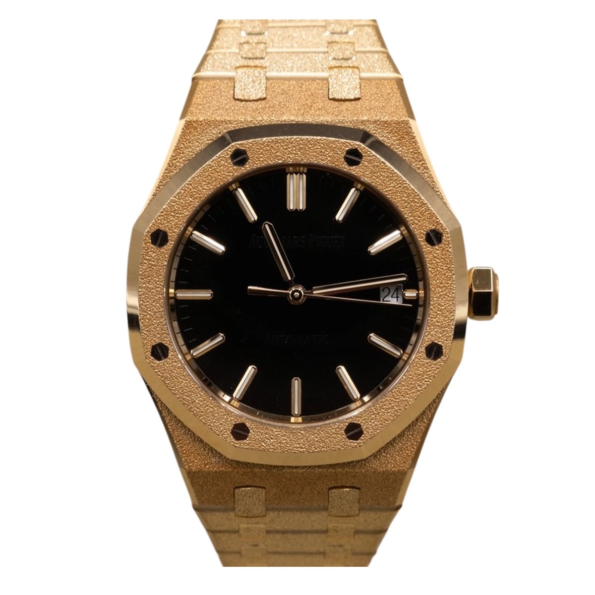 Audemars Piguet Royal Oak Frosted Gold reference 15454BA.GG.1259BA with a black dial. Image via WatchGuys.