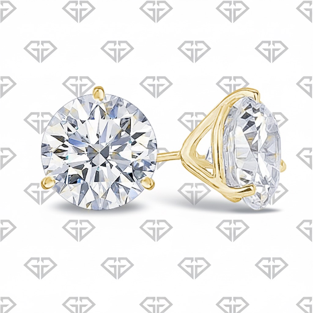 Close-up of round brilliant diamond stud earrings set in yellow gold