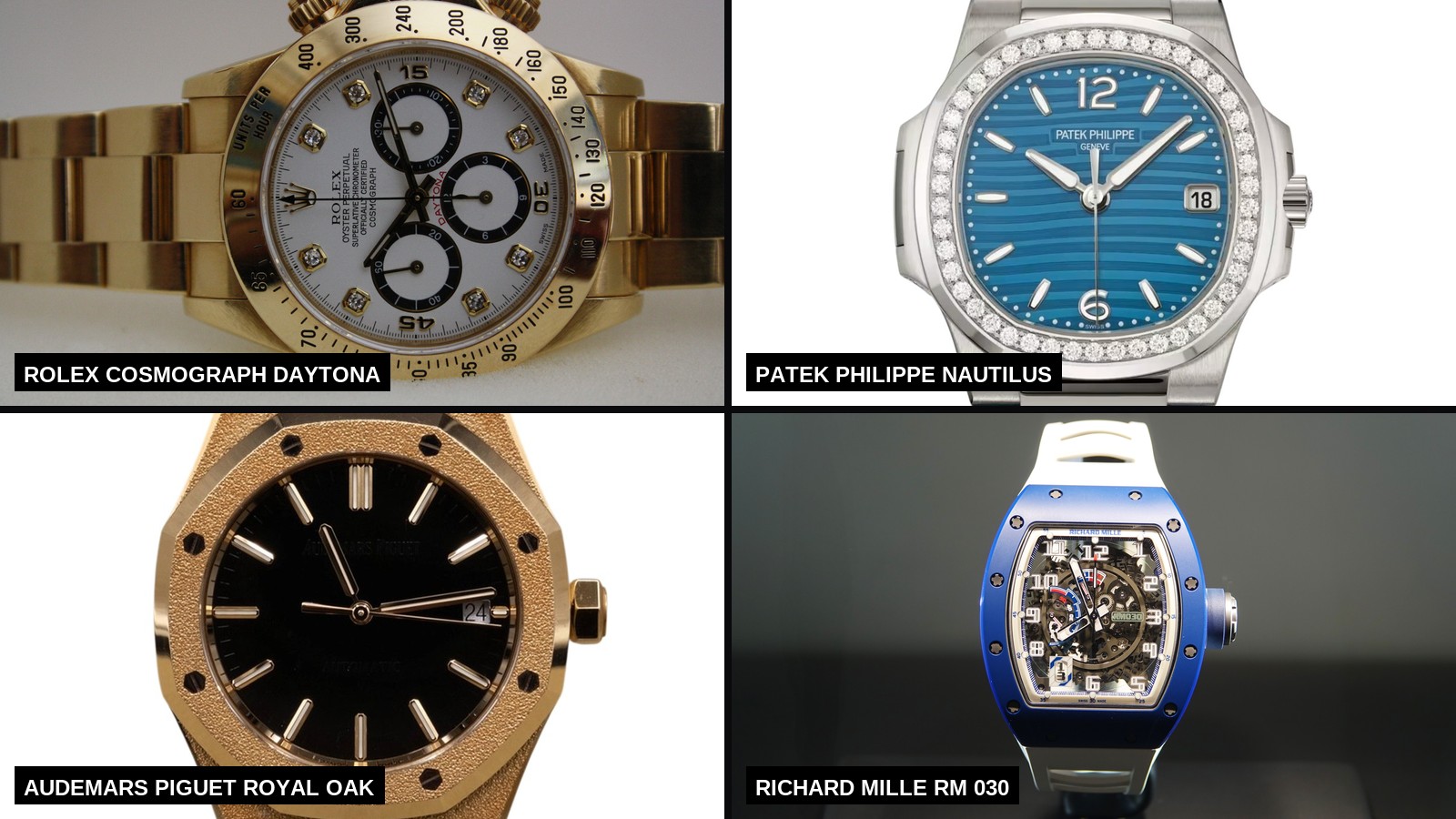 Four panel composition of a Rolex Cosmograph Daytona, Patek Philippe Nautilus, Audemars Piguet Royal Oak and Richard Mille RM 030
