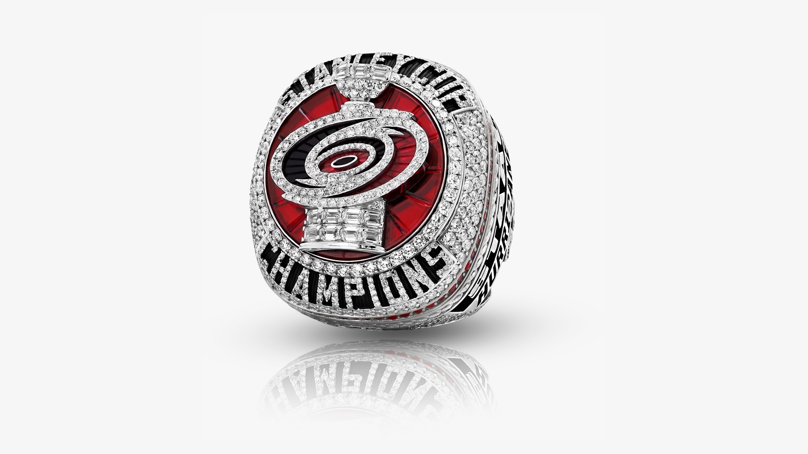Carolina Hurricanes championship ring in white gold with diamonds and red rubies