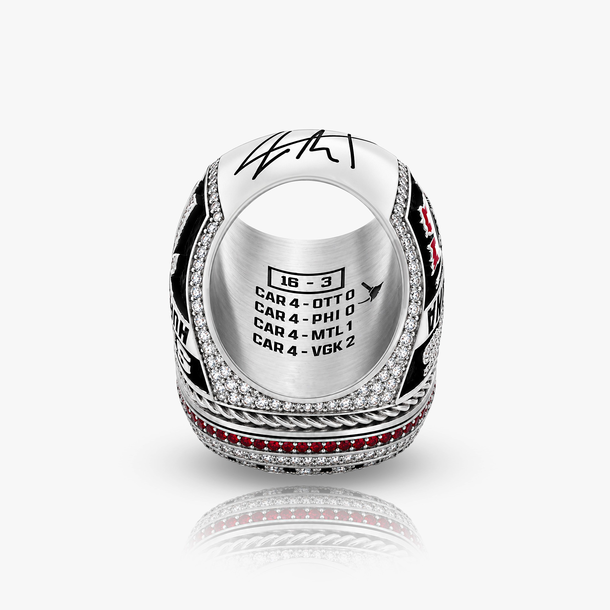 Interior of the Carolina Hurricanes championship ring showing personal and season engravings.
