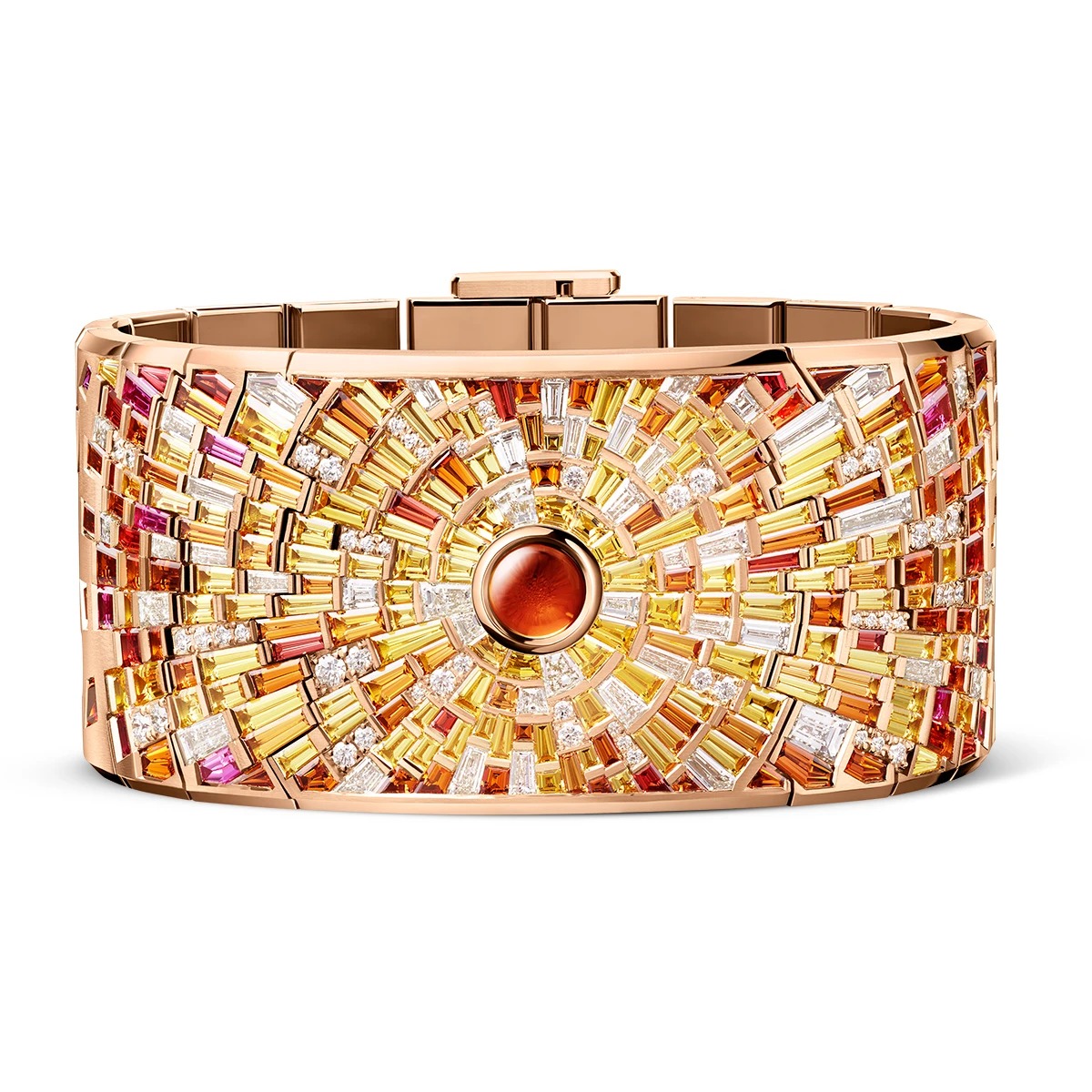 Dream of Joux Sunburst cuff in yellow gold with a radiating arrangement of colored stones.