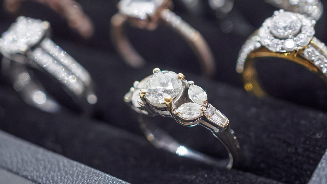 Diamond rings in a jewelry-store display