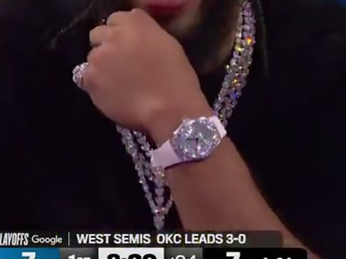 Detail crop from the NBA on Prime broadcast showing Dillon Brooks' layered necklaces and cross pendant