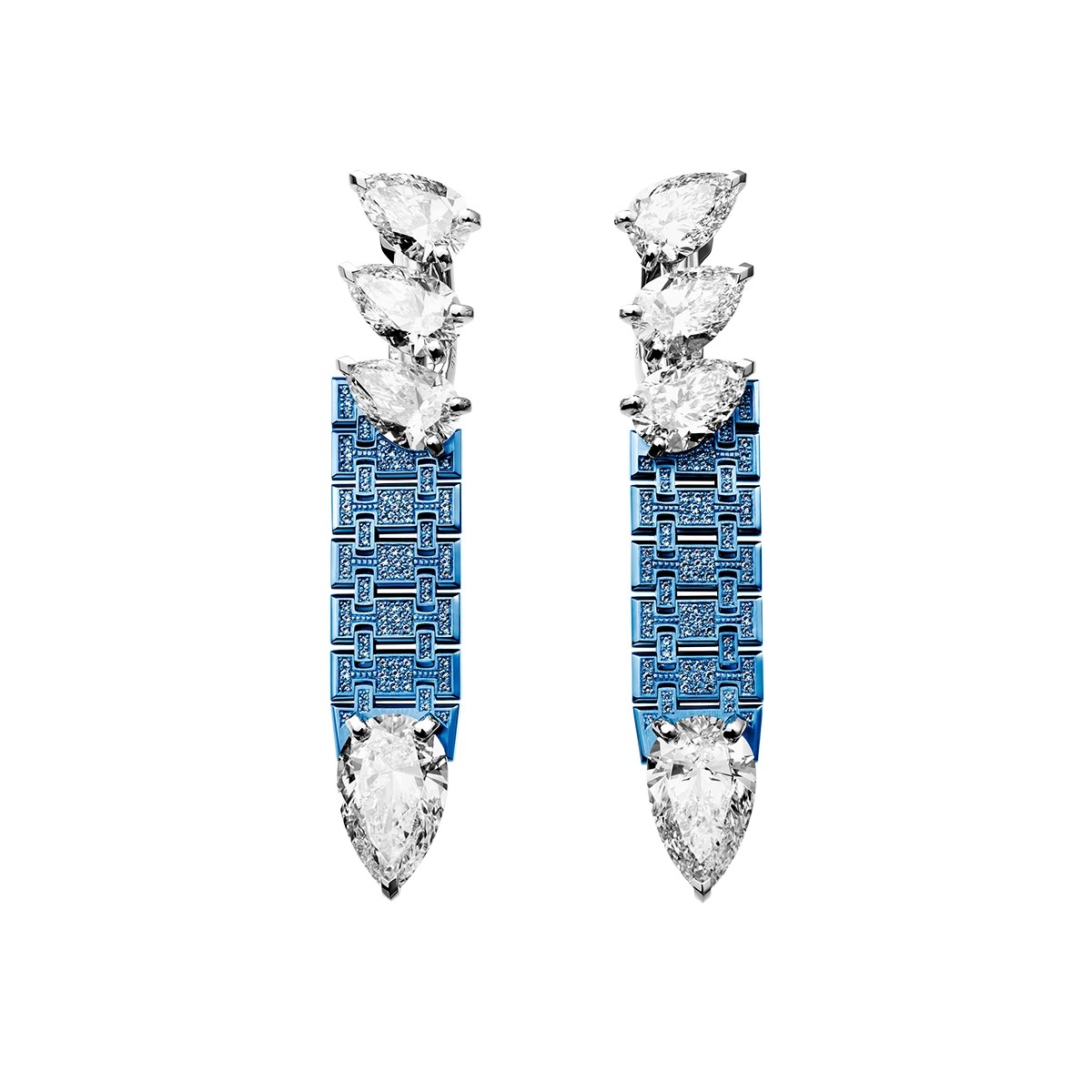 Blue anodized titanium Dream of Joux drop earrings with sapphires and pear shaped diamonds.