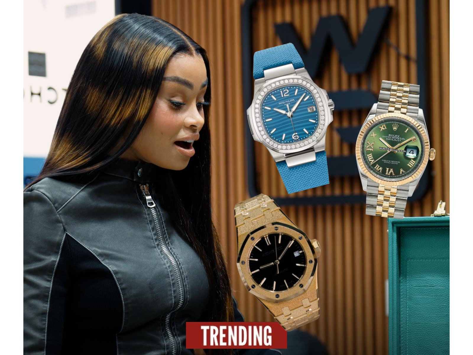 Blac Chyna at the WatchGuys showroom alongside a Patek Philippe Nautilus, a Rolex Datejust and a frosted gold Audemars Piguet Royal Oak.