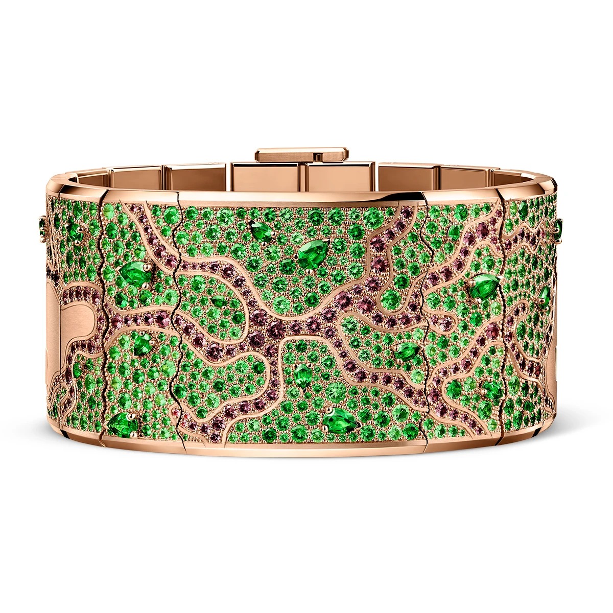 Dream of Joux Tree of Life cuff in pink gold with green and pink stones.