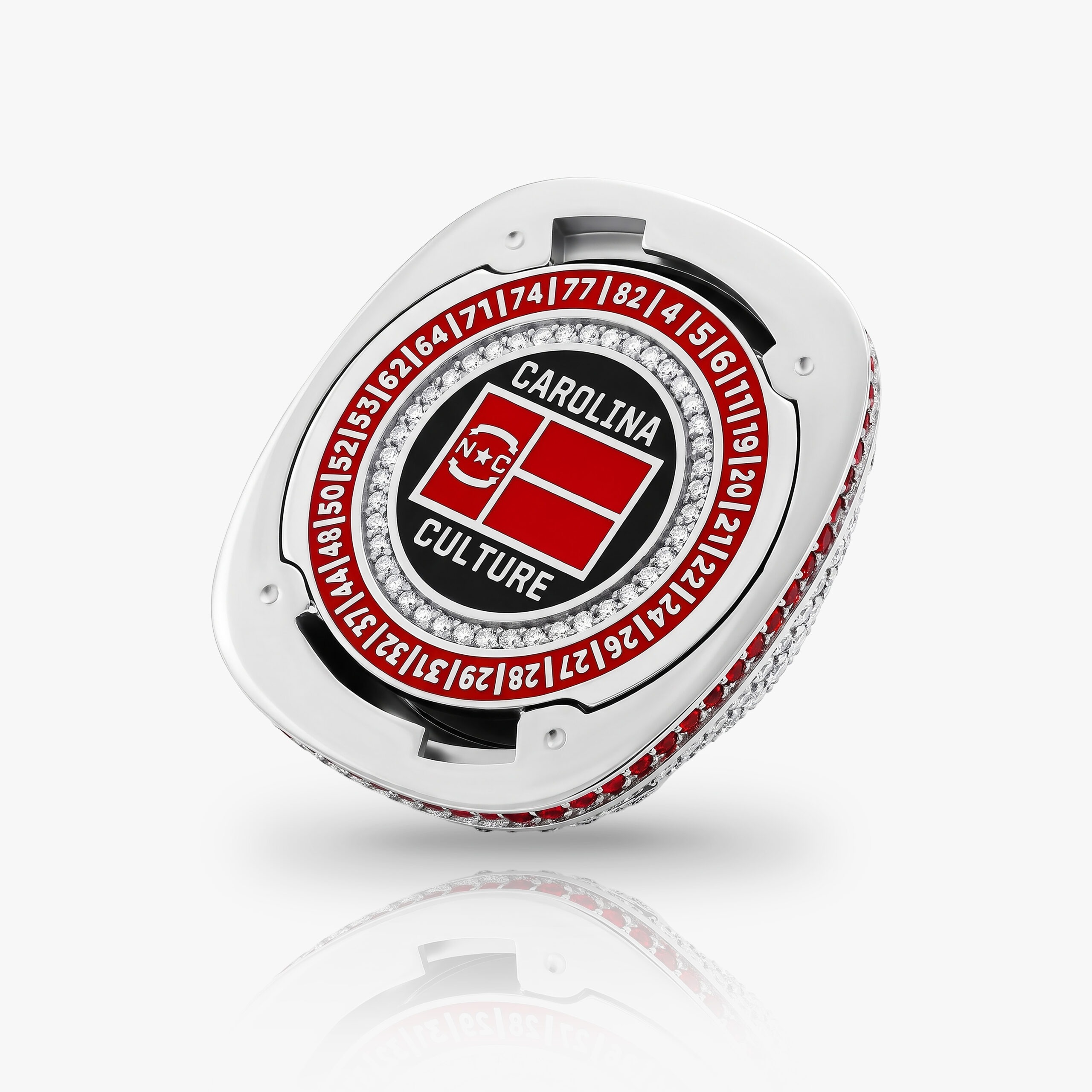 Underside of the removable puck pendant with Carolina symbols and player numbers.