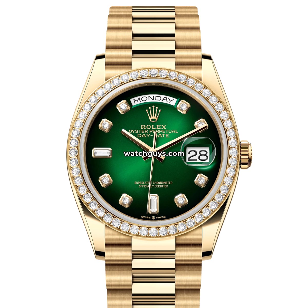 Rolex Day-Date 36 reference 128348RBR in yellow gold with a factory diamond bezel and green ombré dial. Image via WatchGuys.