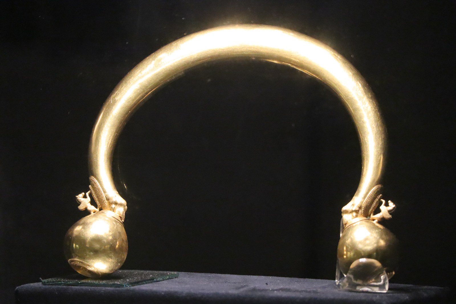 The solid gold torque of the Vix treasure, a curved neck ring with large gold spheres and tiny winged horse figures at each end, displayed on a black stand at the Musee du Pays Chatillonnais.