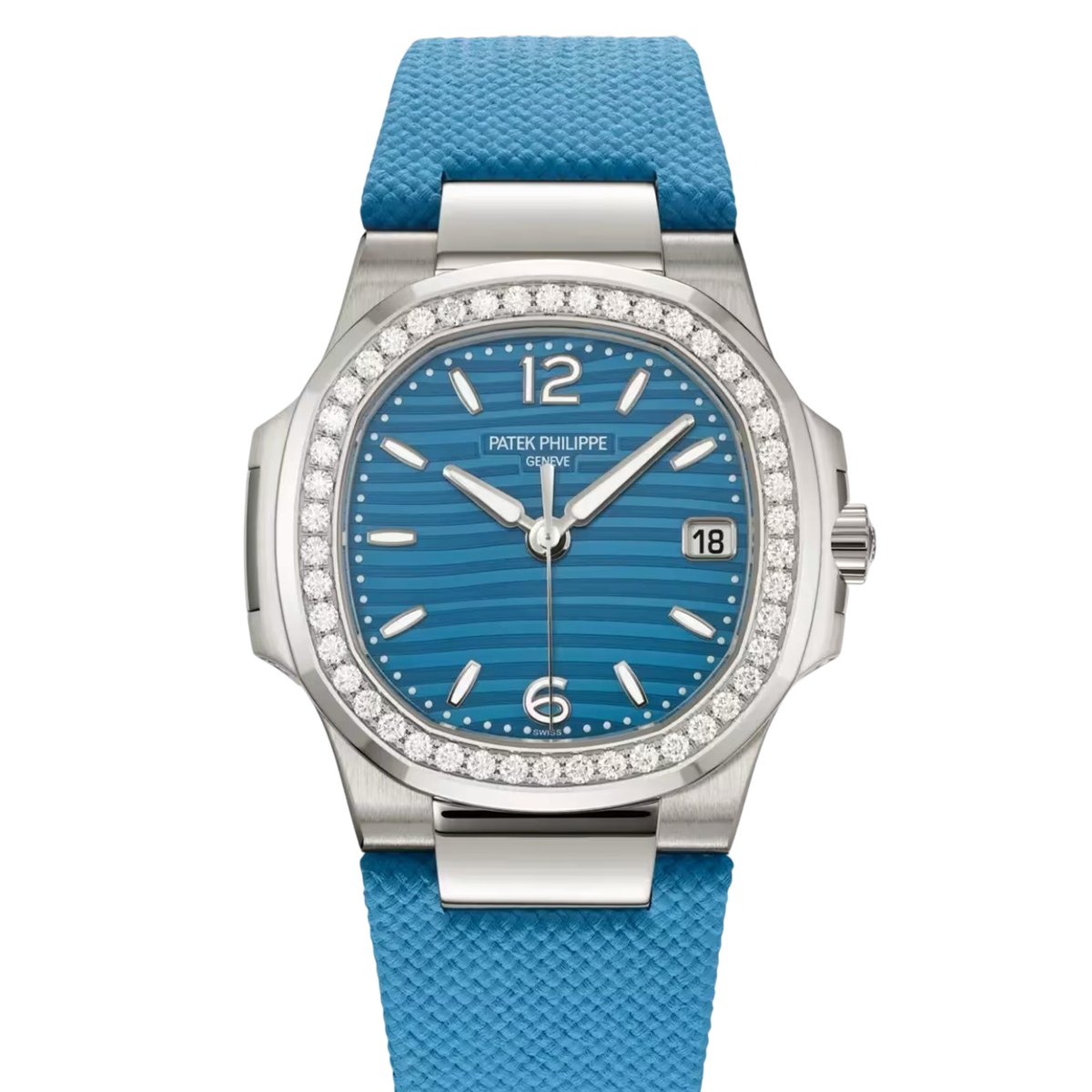 Patek Philippe Nautilus reference 7010G-013 in 18k white gold with a diamond set bezel and azure blue dial. Image via WatchGuys.