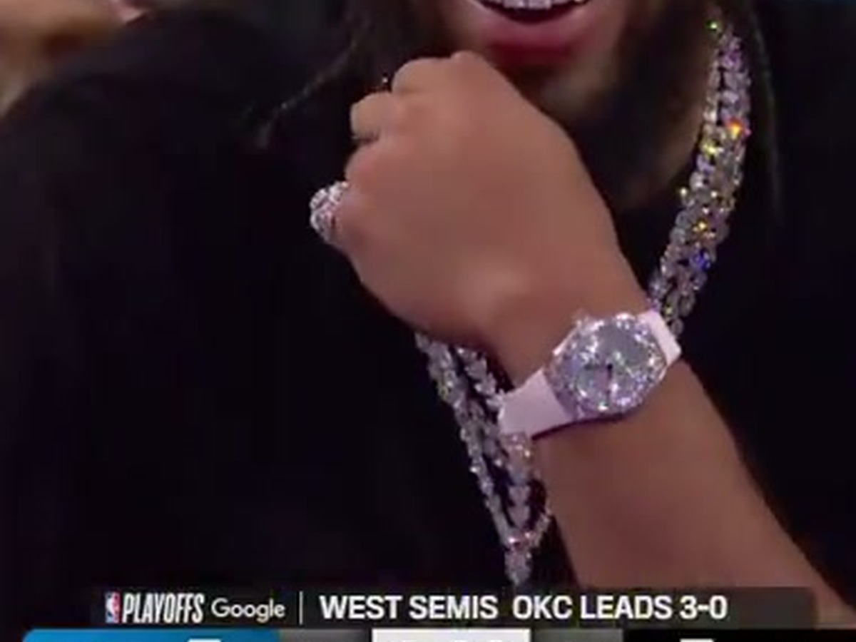 Detail crop from the NBA on Prime broadcast showing Dillon Brooks' watch and ring beside his face