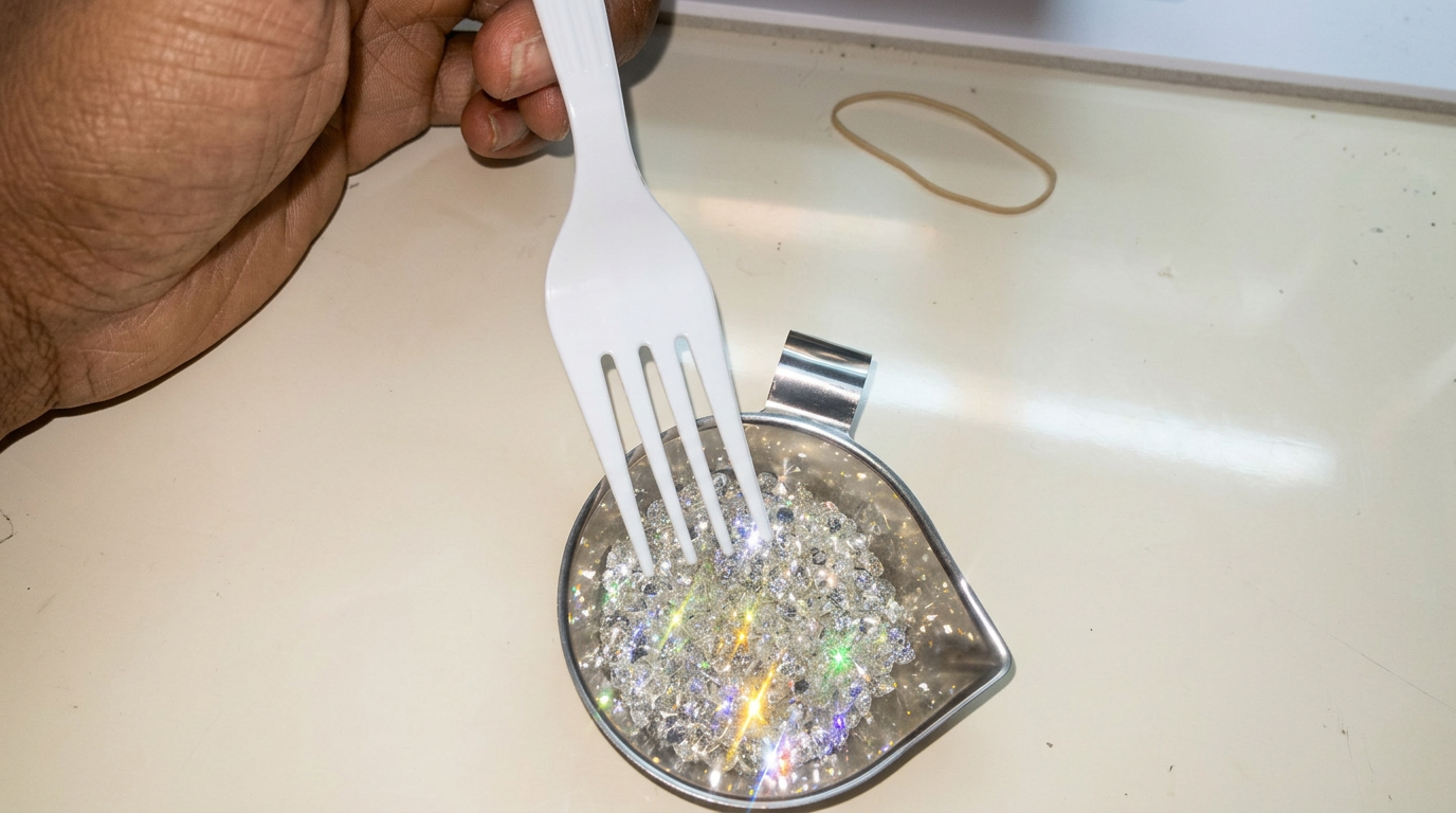 A metal scoop filled with loose faceted diamonds beneath a white sorting fork held by Miss Diggs