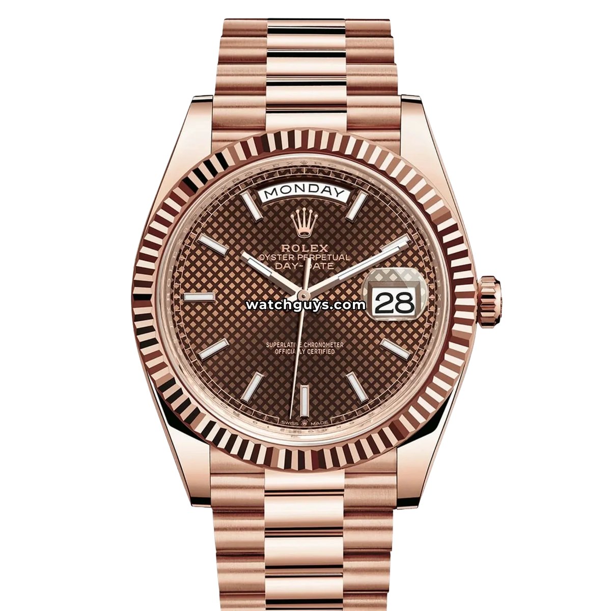 Rolex Day-Date 40 reference 228235 in 18k Everose gold with a chocolate diagonal motif dial. Image via WatchGuys.