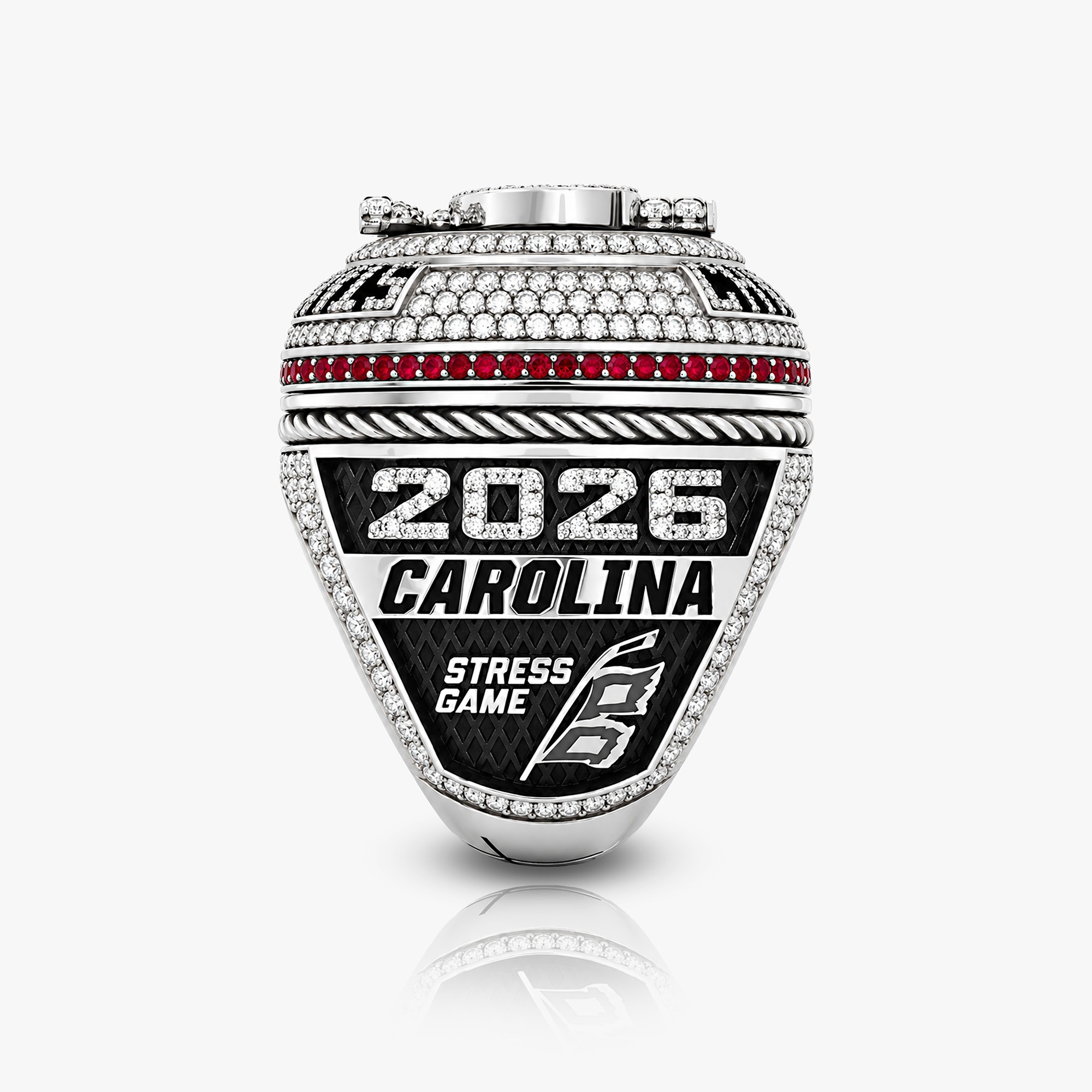 One side of the Carolina Hurricanes player ring with the year, team name and engraved season references.