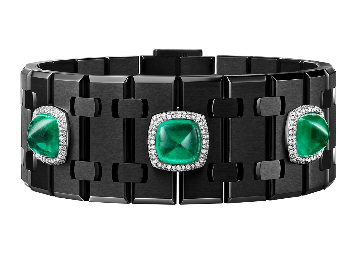 Risoud Eclipse bracelet in black PVD coated titanium with sugarloaf emeralds, diamonds and white gold.