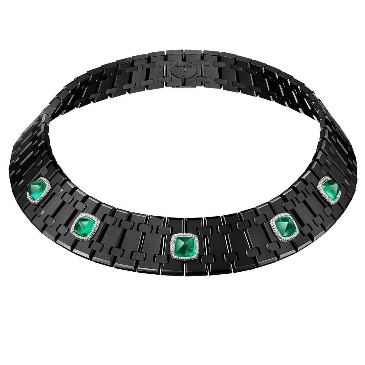Risoud Eclipse necklace in black PVD coated titanium with emeralds and diamonds.