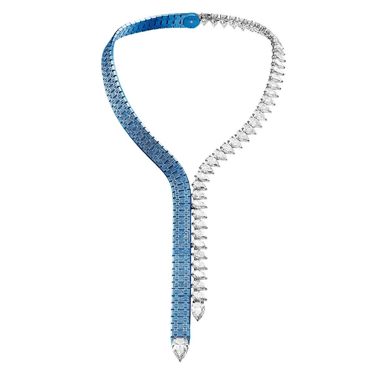 Blue anodized titanium Dream of Joux necklace with blue sapphires and pear shaped diamonds.