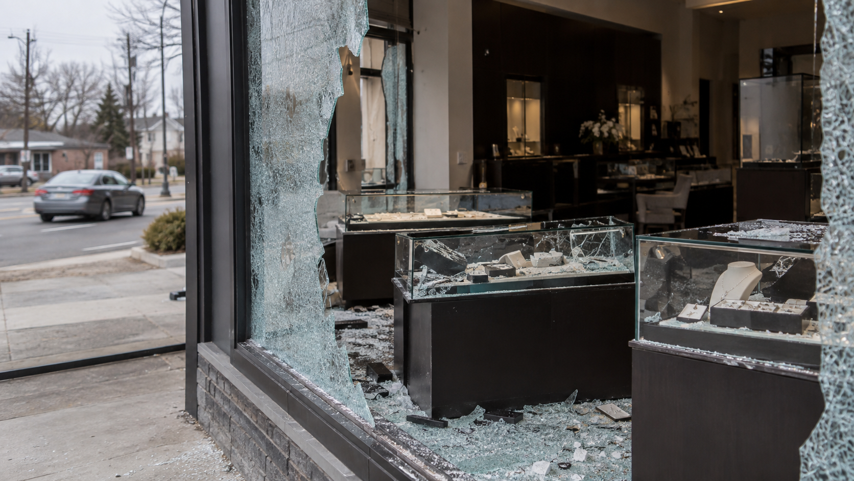 Photorealistic reconstruction of a jewelry store with a shattered storefront and damaged display cases after a smash-and-grab