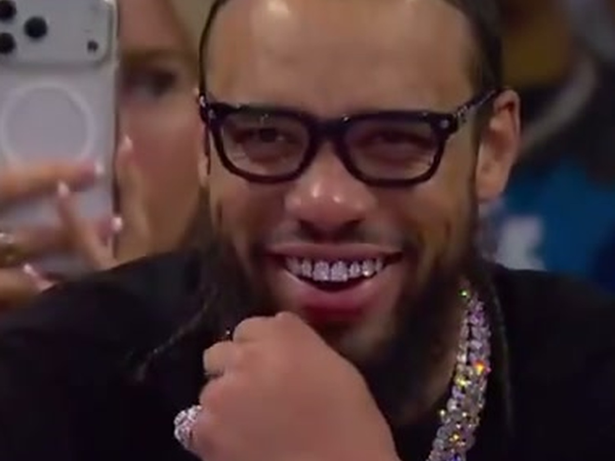 Detail crop from the NBA on Prime broadcast showing Dillon Brooks smiling in his diamond grill