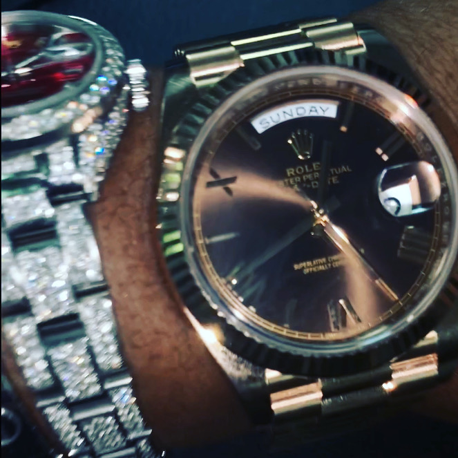Diamond set bussdown watch alongside an iced out watch, from the Drip With Diggs Instagram carousel.