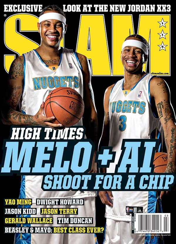 Allen Iverson and Carmelo Anthony on SLAM's March 2008 cover in Denver Nuggets uniforms, wearing headbands and visible jewelry.