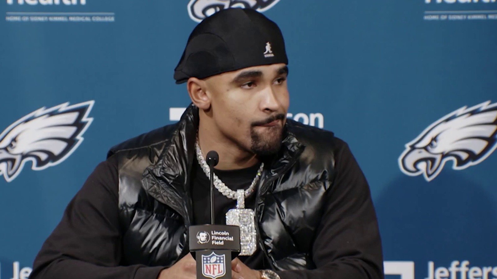 Jalen Hurts at his December 15, 2024 Eagles press conference wearing the diamond Breed of One pendant