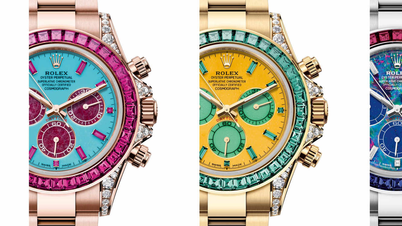 The four unique Rolex Cosmograph Daytona Four Seasons watches arranged side by side