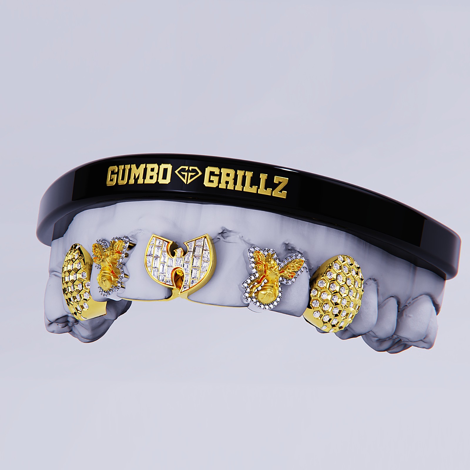 Wu-Tang baguette + honeycomb bees, 14K yellow gold