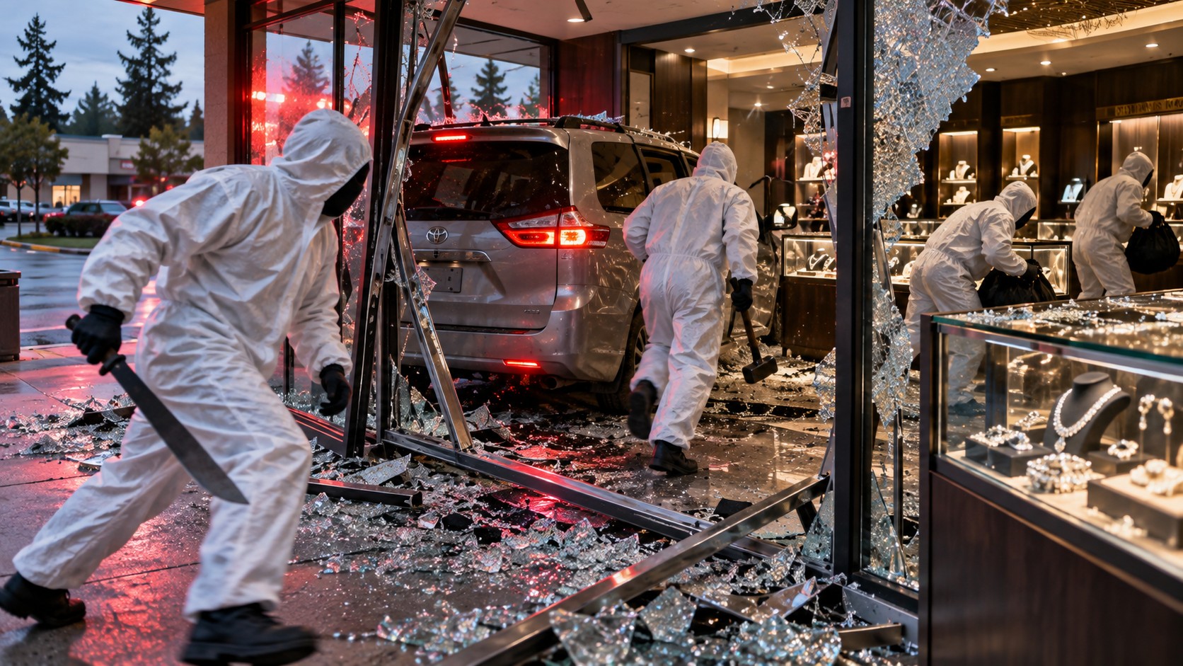 Editorial illustration of a minivan driven through a jewelry store entrance, with shattered glass across the sidewalk and figures in white protective suits inside the showroom